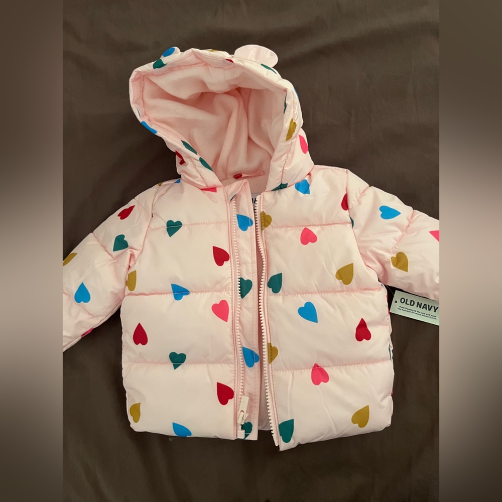 Old Navy Light Pink Heart Print Puffer Jacket